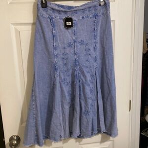 Denim Skirt Fit and Flare Front Pleated Floral Stitch Size Large Elastic Waist